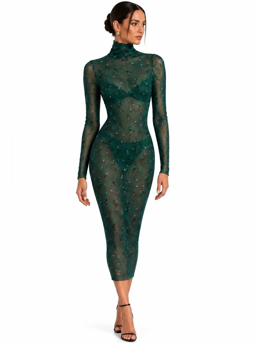 AFRM Green Floral Long Sleeve Sheer Midi Dress Size XS